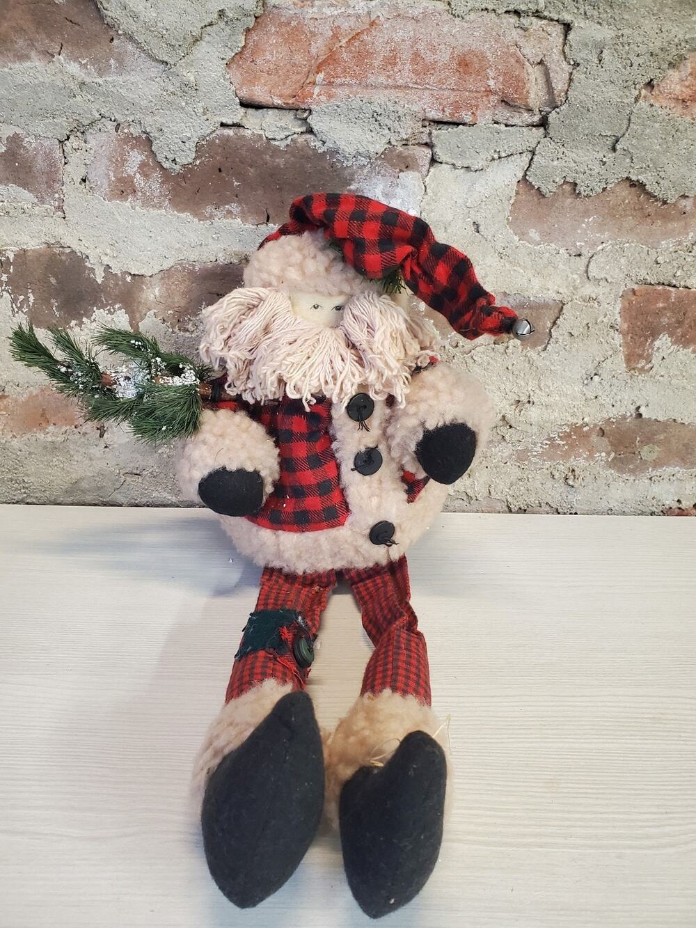 Christmas Santa Plaid Buffalo Check Dangle Legs Plush Figurine Farmhouse Rustic